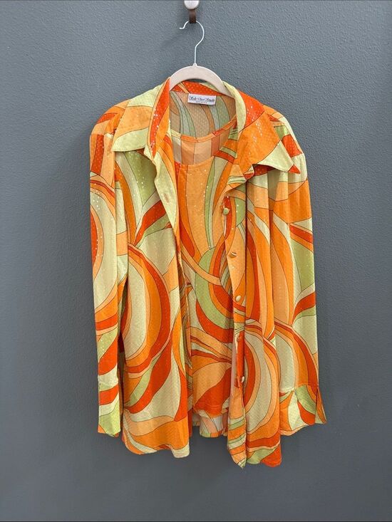 Jackets & Blazers - Vintage 70’s Sole Dior Studio 1X Swirl Print Button-Up Top Jacket Sparkle Sequin